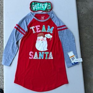 NEW-Max and Olivia girls PJ dress with sleep eye patch. Size S(6/6X). Santa Xmas